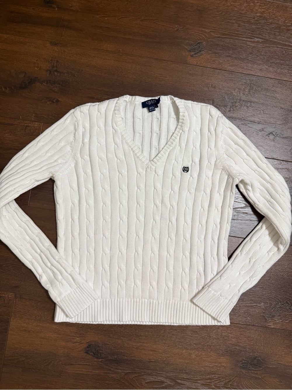 Chaps Cable Knit V-Neck Cream Sweater 100% Cotton